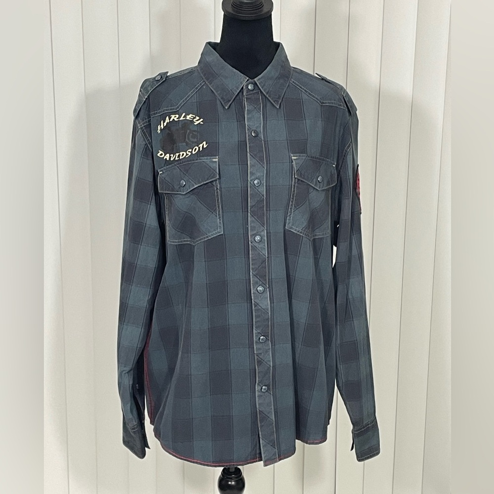 HARLEY DAVIDSON Vintage Plaid Button Up Shirt Collared Embroidered Patches XL